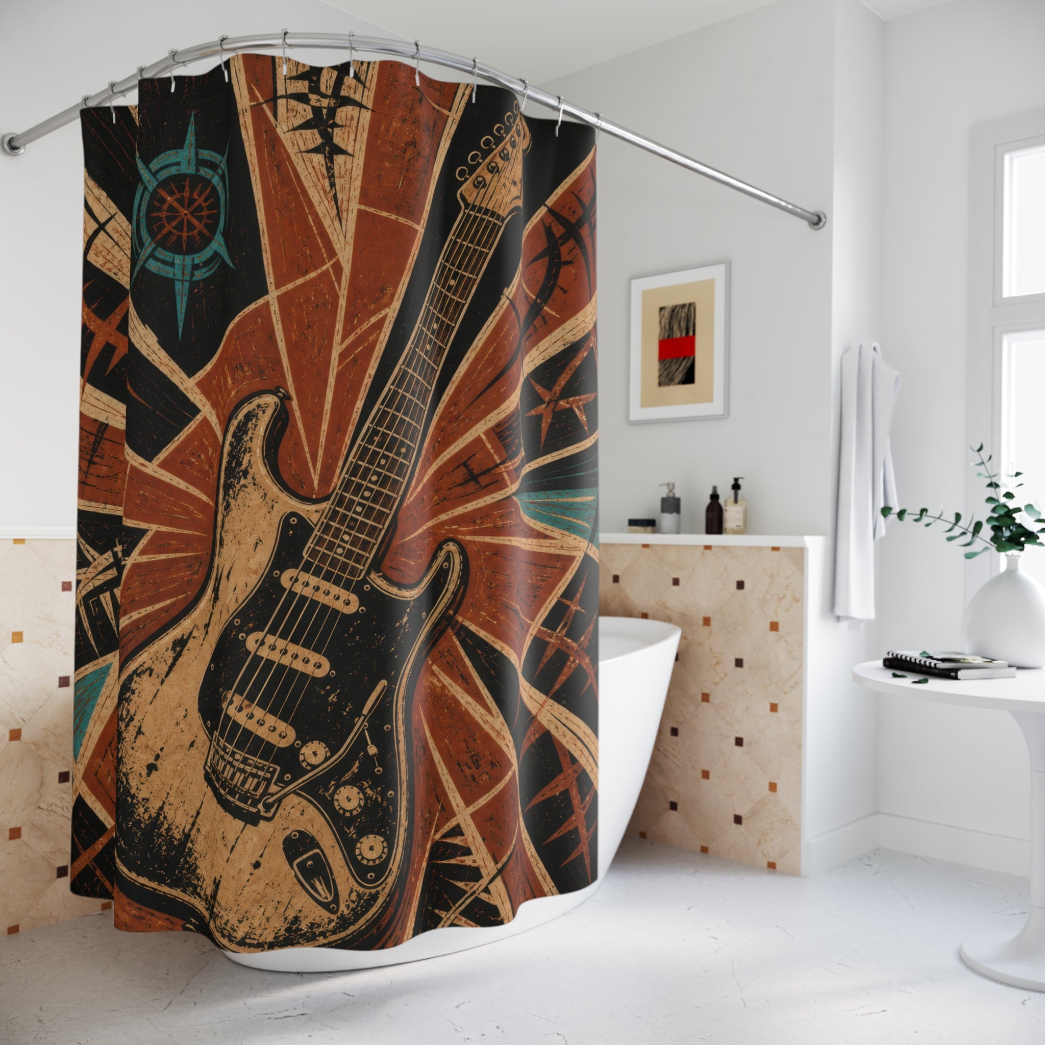 Weathered electric guitar in a terracotta block print burst shower curtain beside a freestanding tub