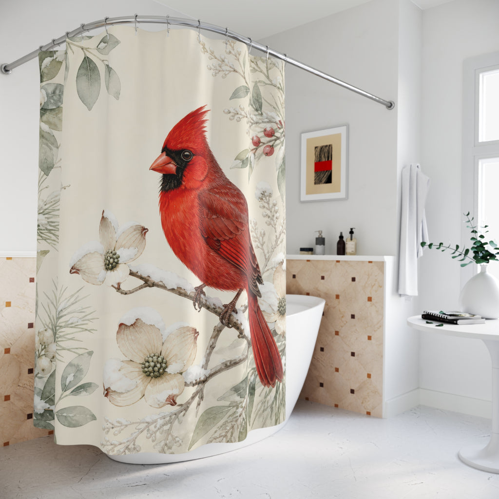 Red cardinal with sage winter botanicals shower curtain beside a freestanding tub