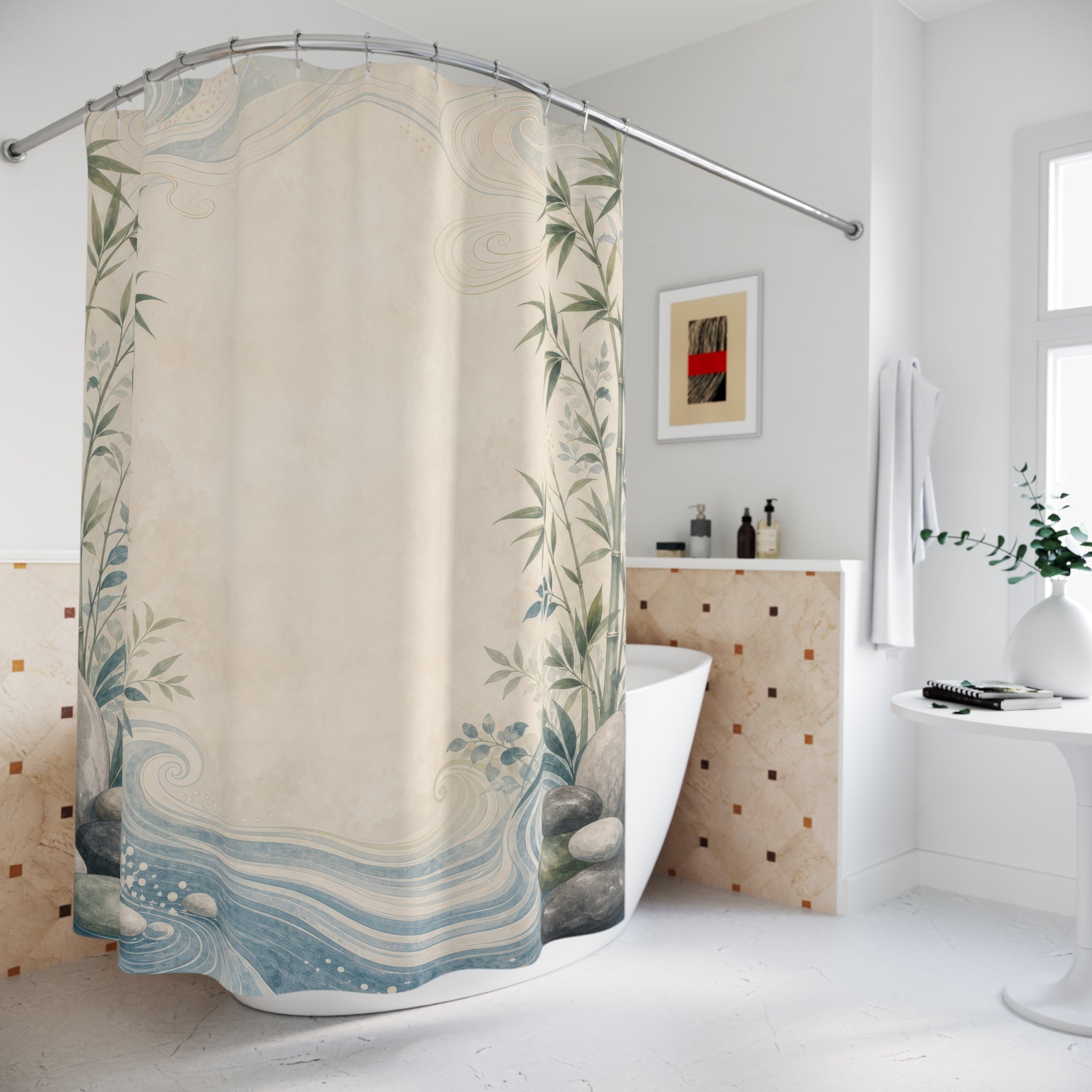 Feng Shui Border Shower Curtain, Jade Bamboo Bath Decor, Warm Ivory Center, Zen Water Stone Guest Bathroom Spa Decor, Tranquil Green Ivory