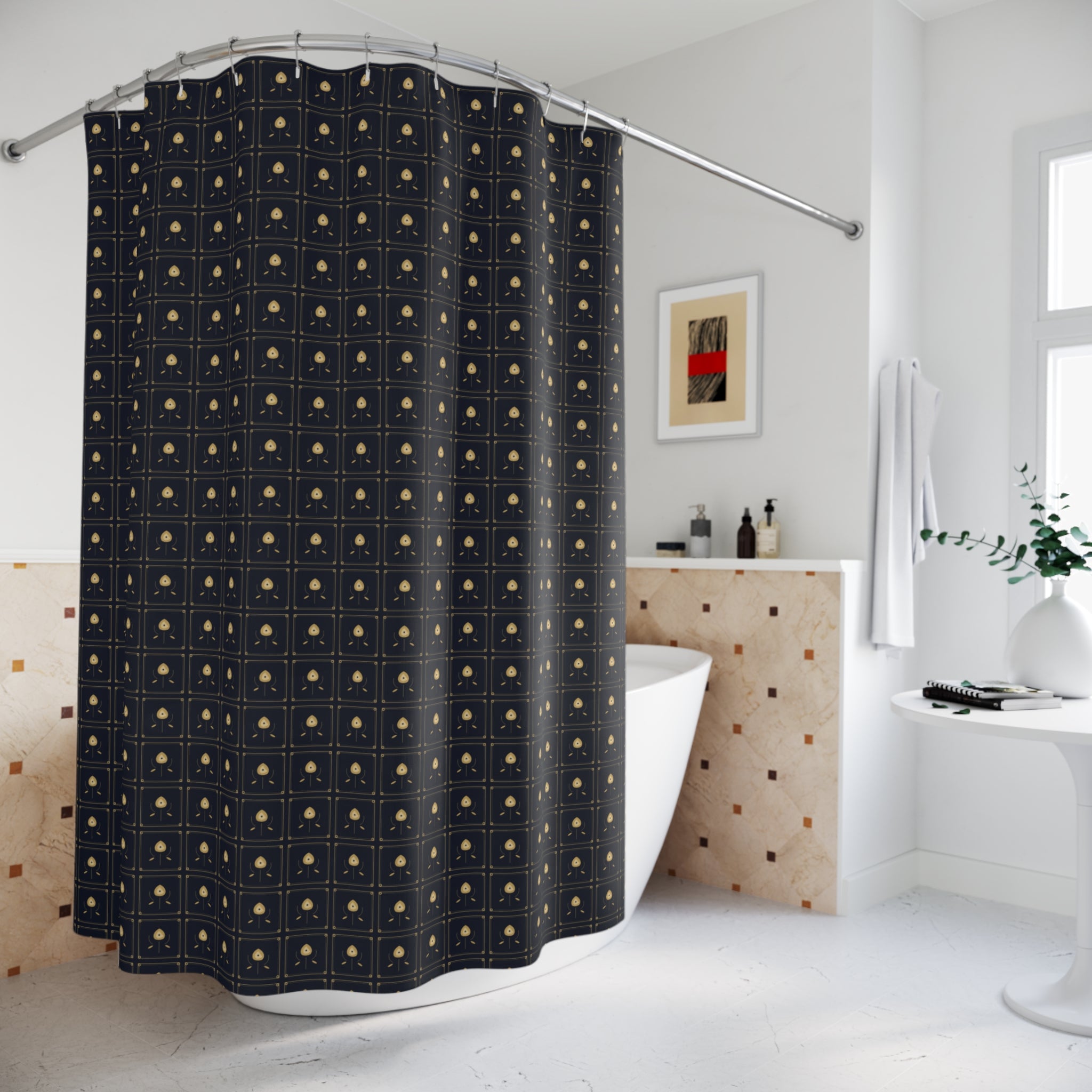 Art Nouveau Lily Tile Shower Curtain – Navy & Gold