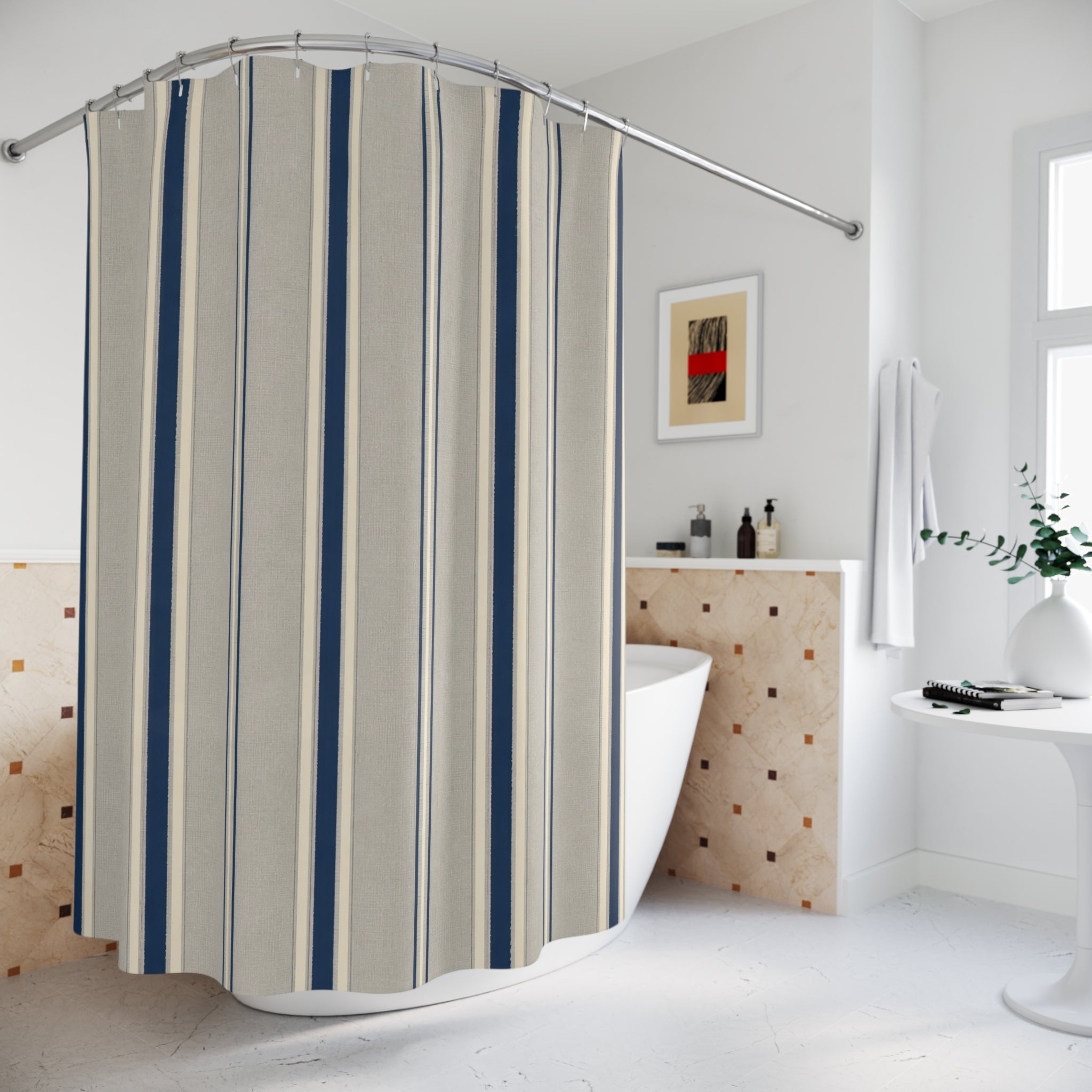 Navy Gray Cream Pinstripe Shower Curtain