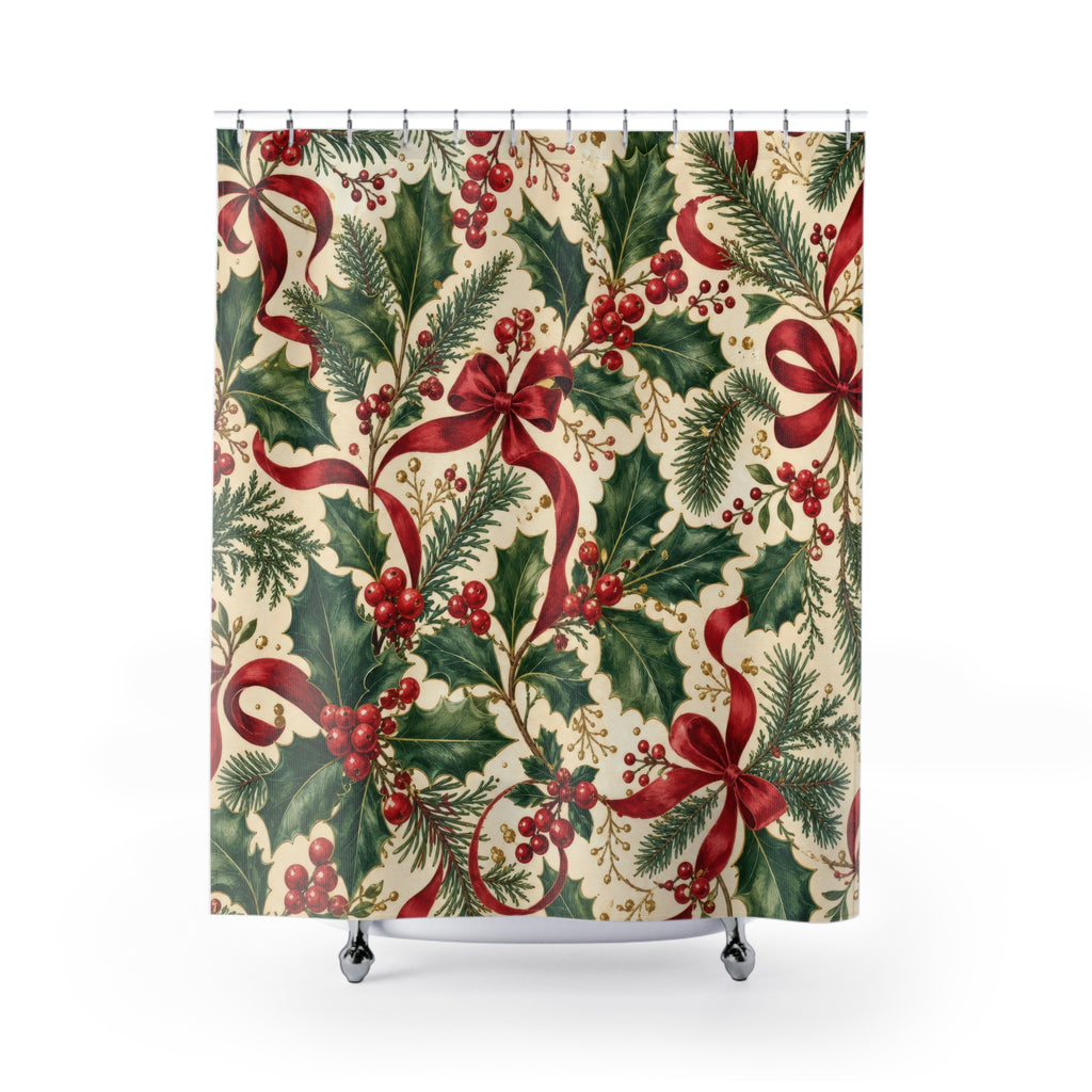 Holly Berry and Red Bow Christmas Shower Curtain