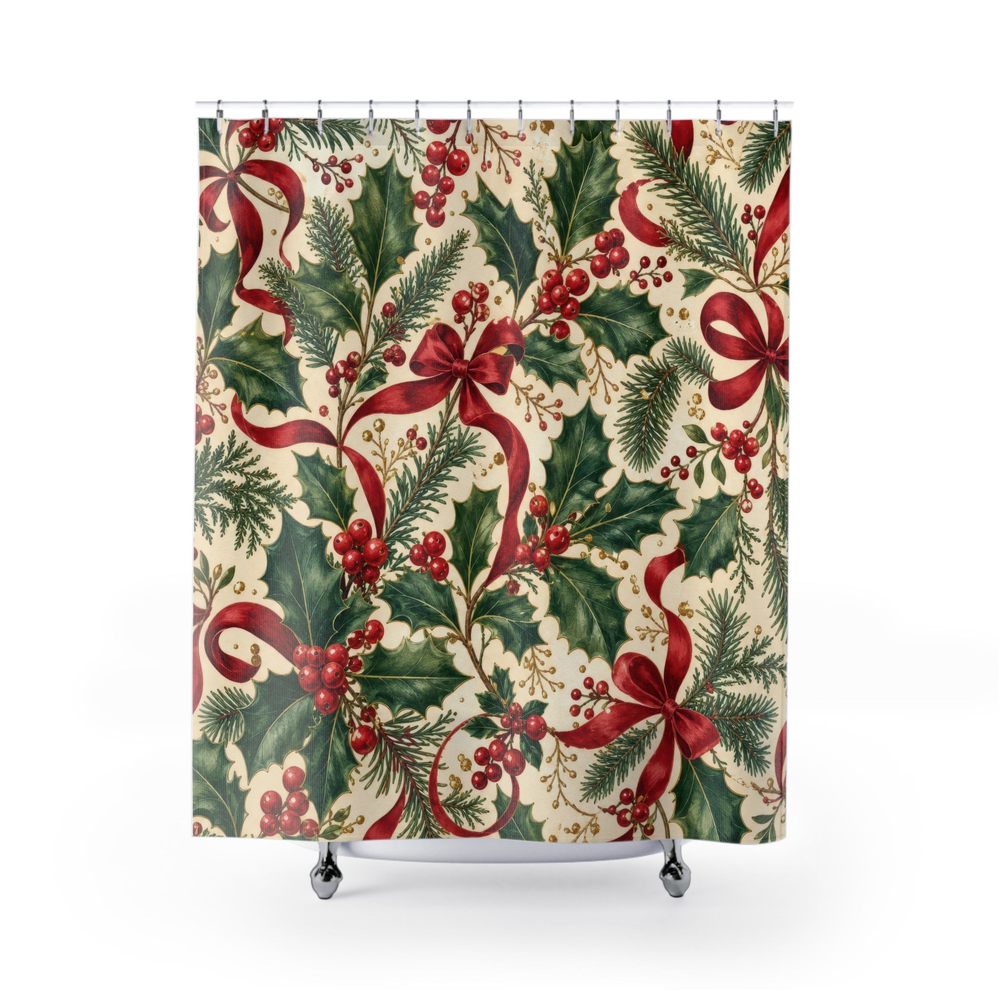Holly Berry and Red Bow Christmas Shower Curtain