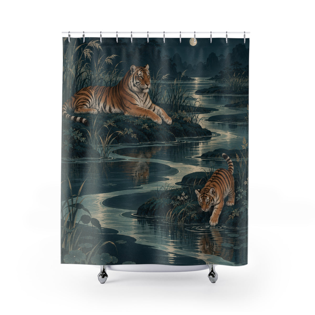 Copper tiger and cub beside silver water in a teal marsh shower curtain with full front view