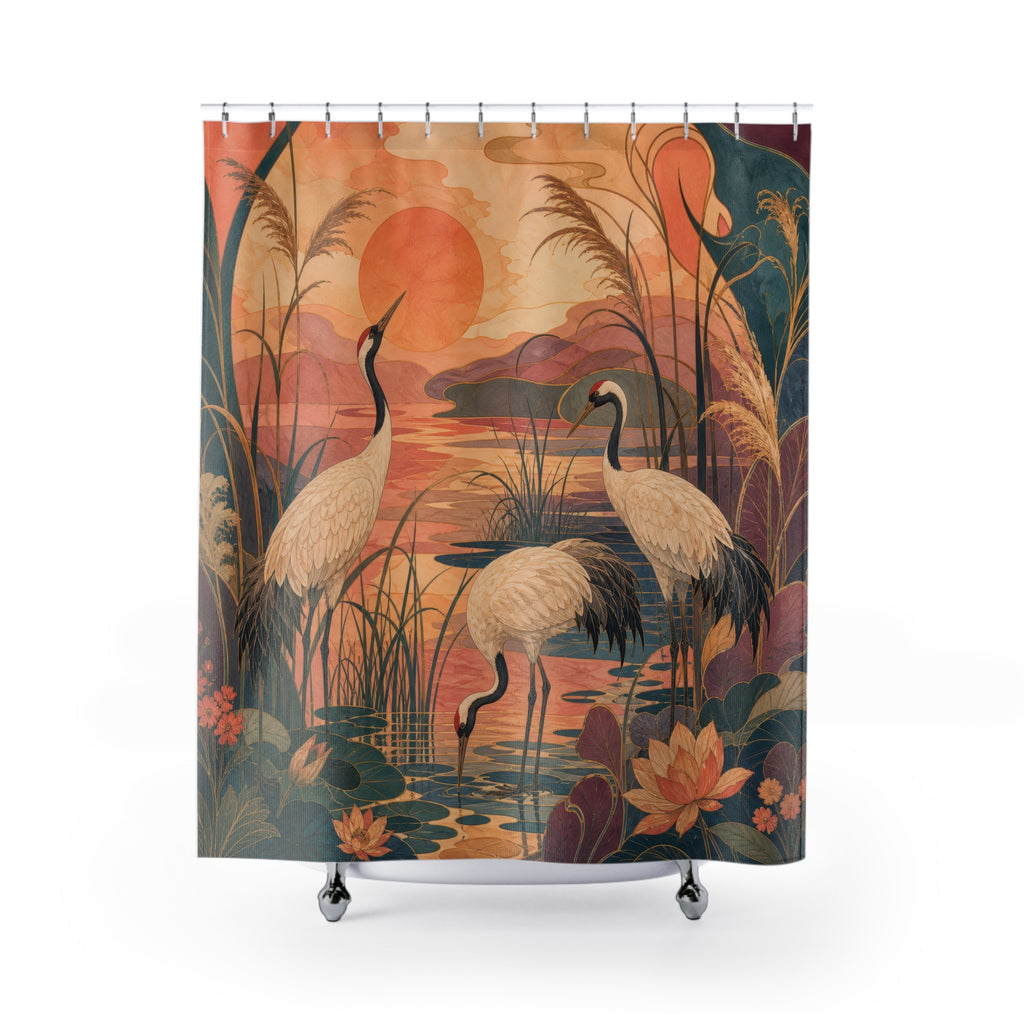 Unique Crane Shower Curtain, Sunset Marsh Bird Art, Peach Orange Wetland Decor, Serene Nature Guest Bath Accent, Warm Landscape Style