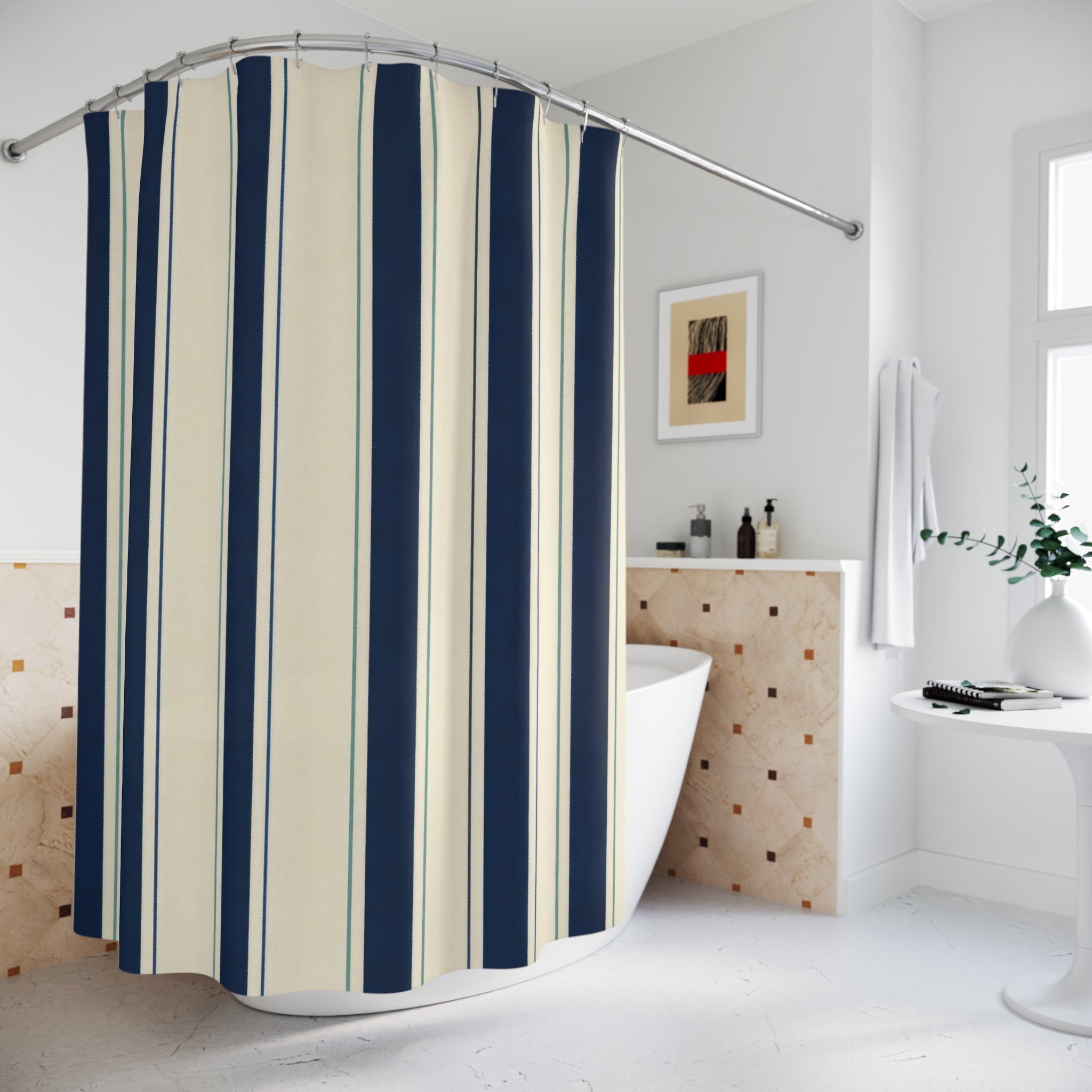 Navy Cream Vertical Stripe Shower Curtain