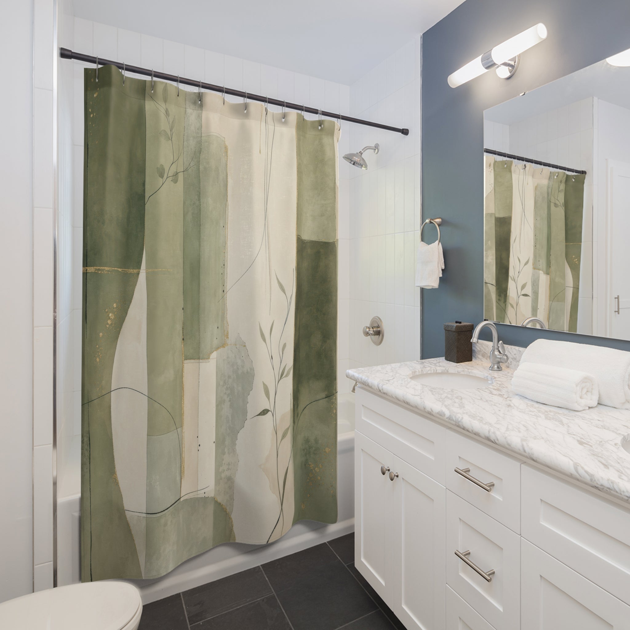 Green and Beige Shower Curtain