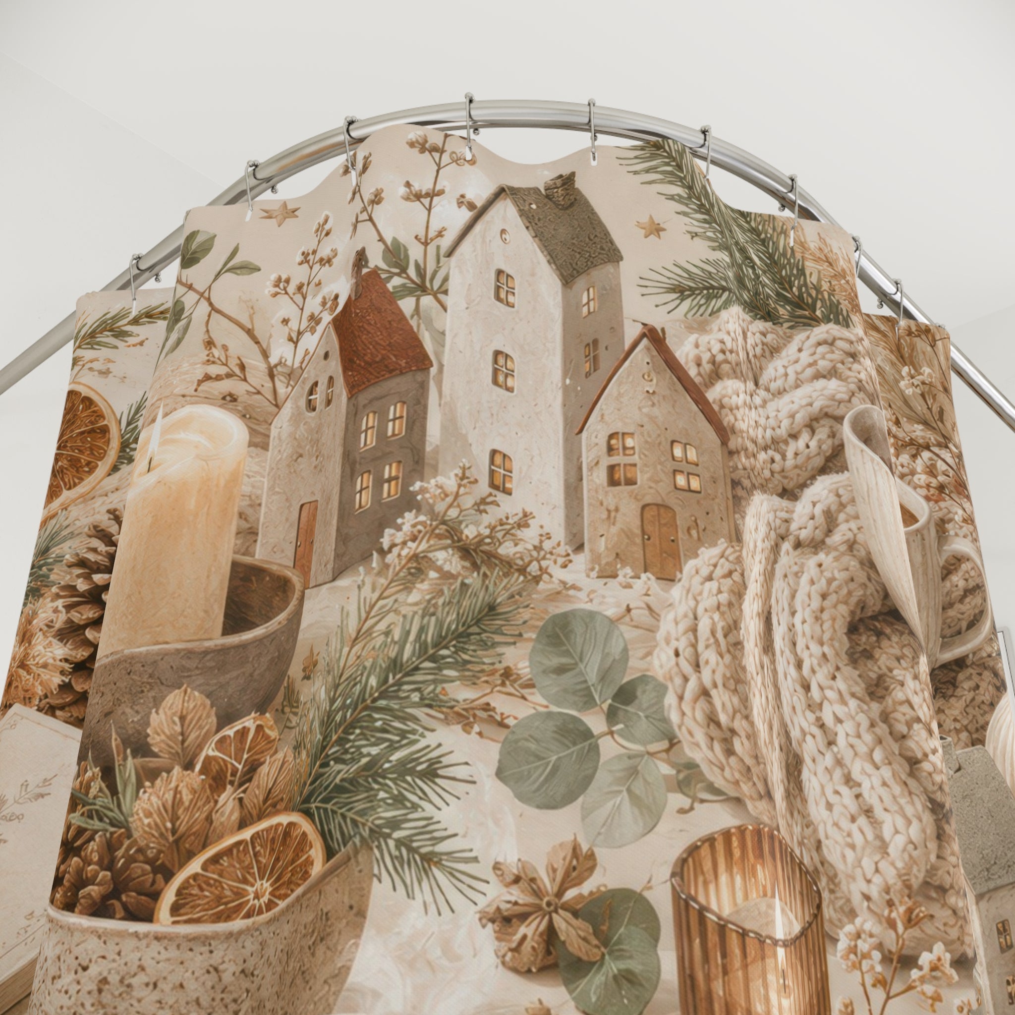 Hygge Winter Shower Curtain: Cream Beige Christmas