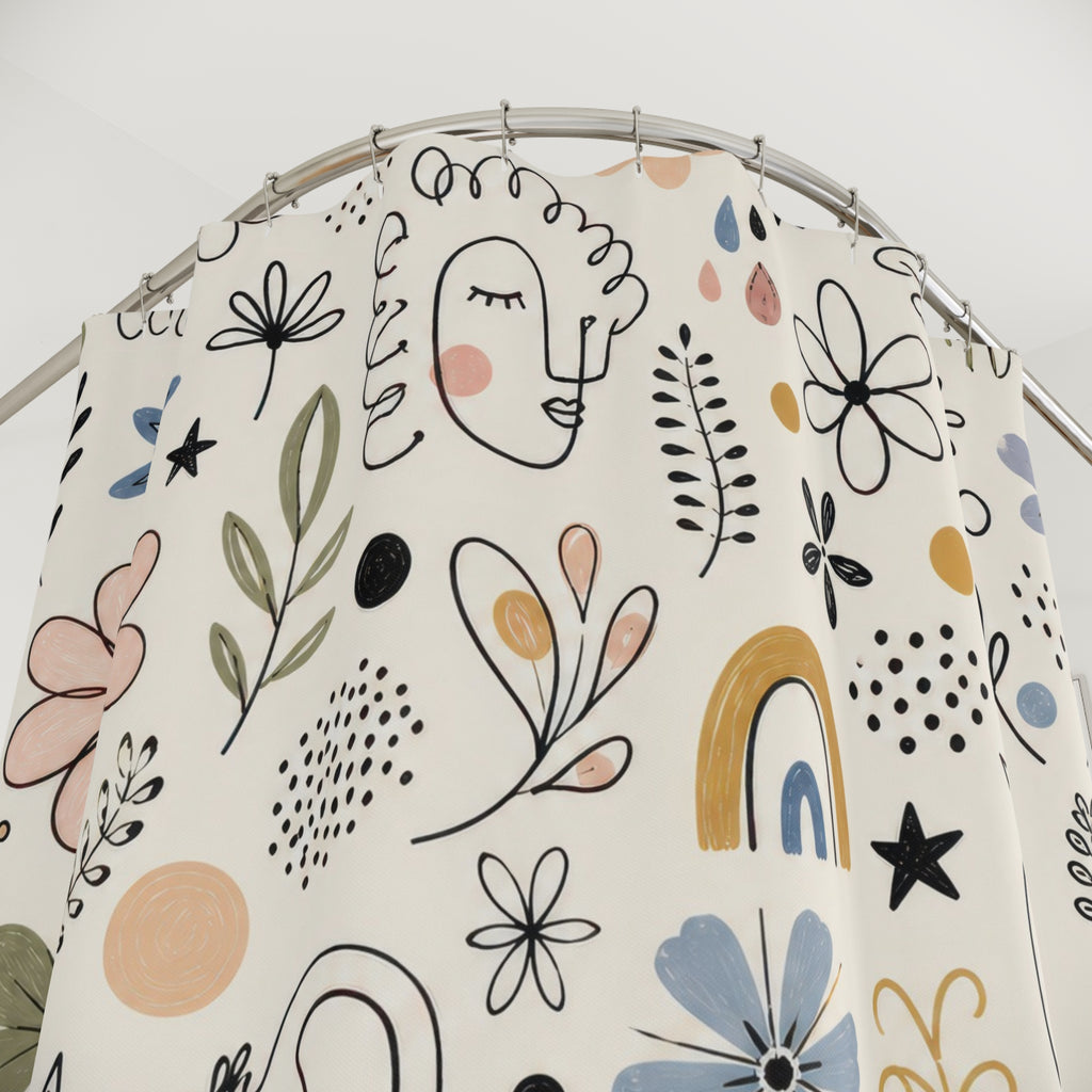 Doodle Flower Shower Curtain, Hand Drawn Floral Repeat Bath Decor, Black Ivory Sage Blush Pattern, Playful Modern Guest Bathroom Decor