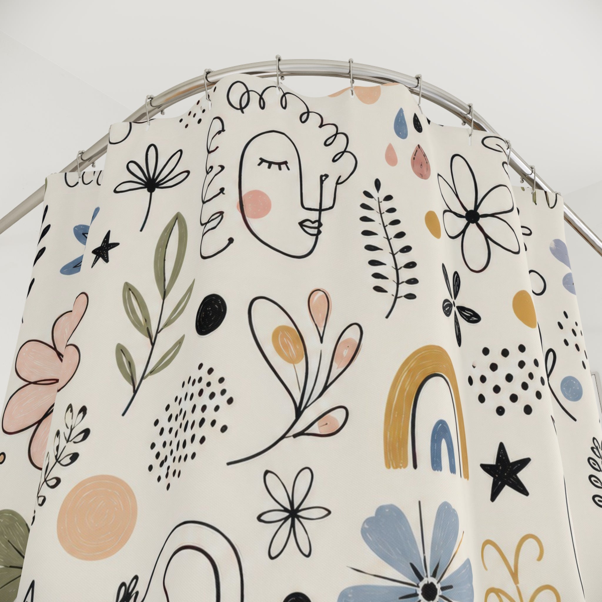 Doodle Flower Shower Curtain, Hand Drawn Floral Repeat Bath Decor, Black Ivory Sage Blush Pattern, Playful Modern Guest Bathroom Decor