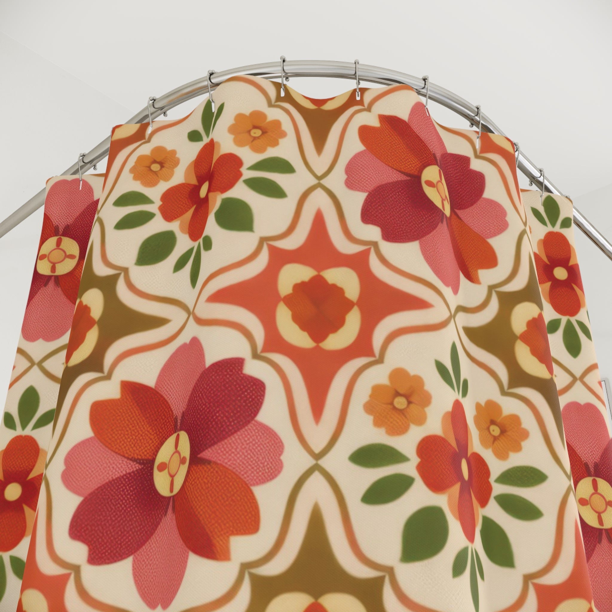 Retro Floral Tile Shower Curtain – Berry Pink & Coral