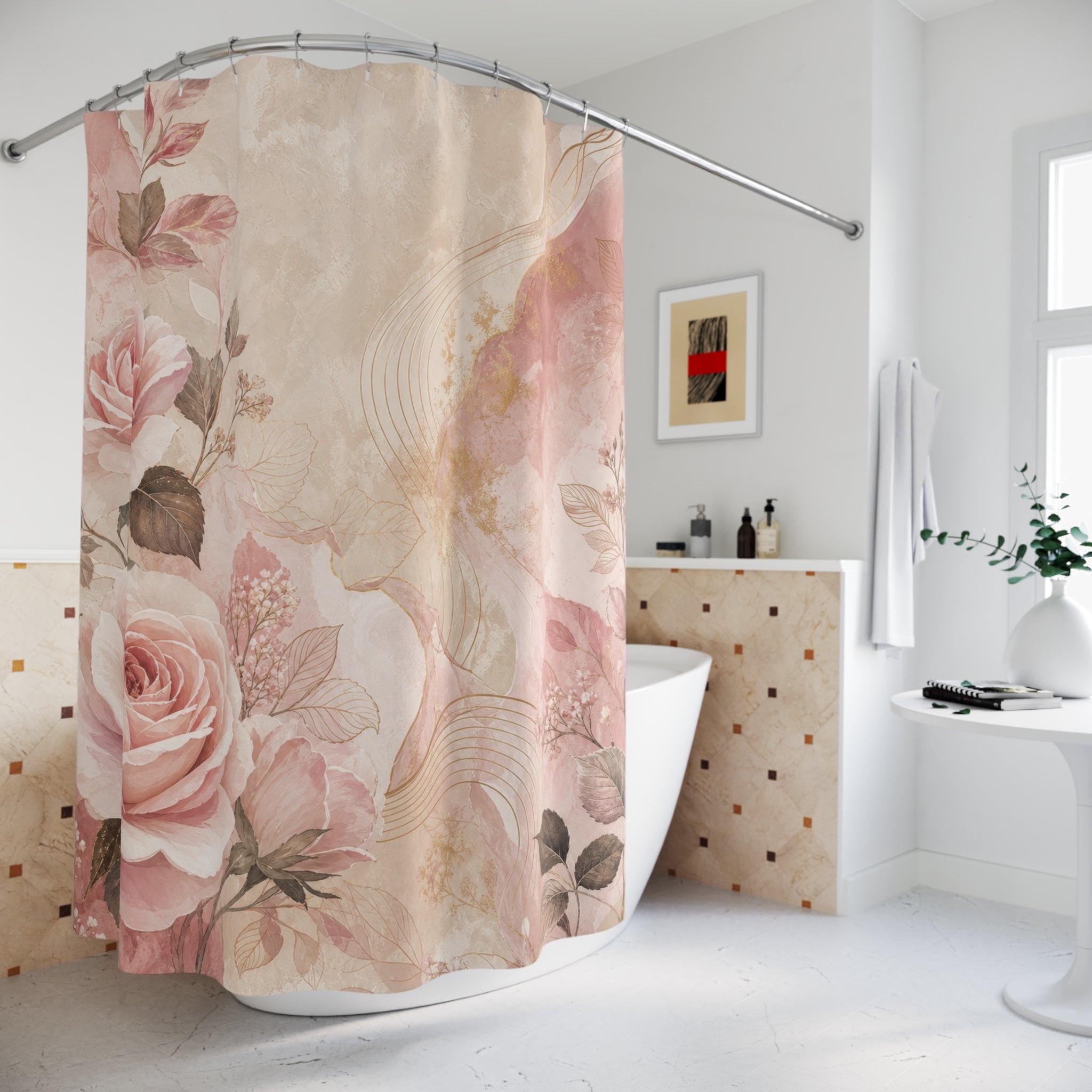 Pink and Beige Shower Curtain: Rose Floral Marble