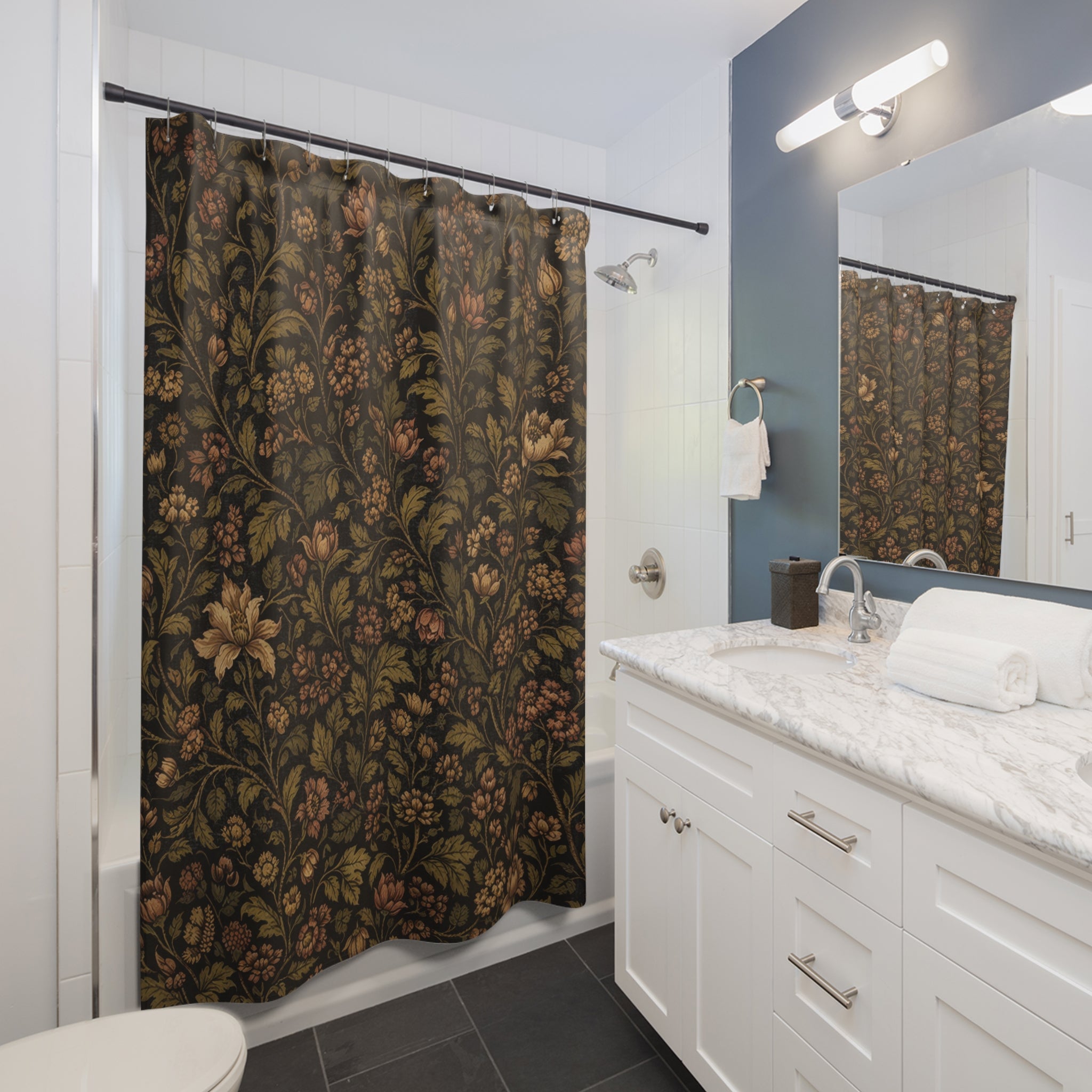Morris-Inspired Dark Botanical Shower Curtain – Moody