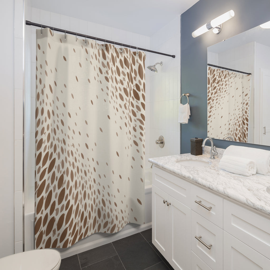 Brown and taupe fawn spots framing an ivory diagonal opening shower curtain beside a white vanity