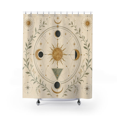 Alchemy Sun Moon Celestial shower curtain with full front view