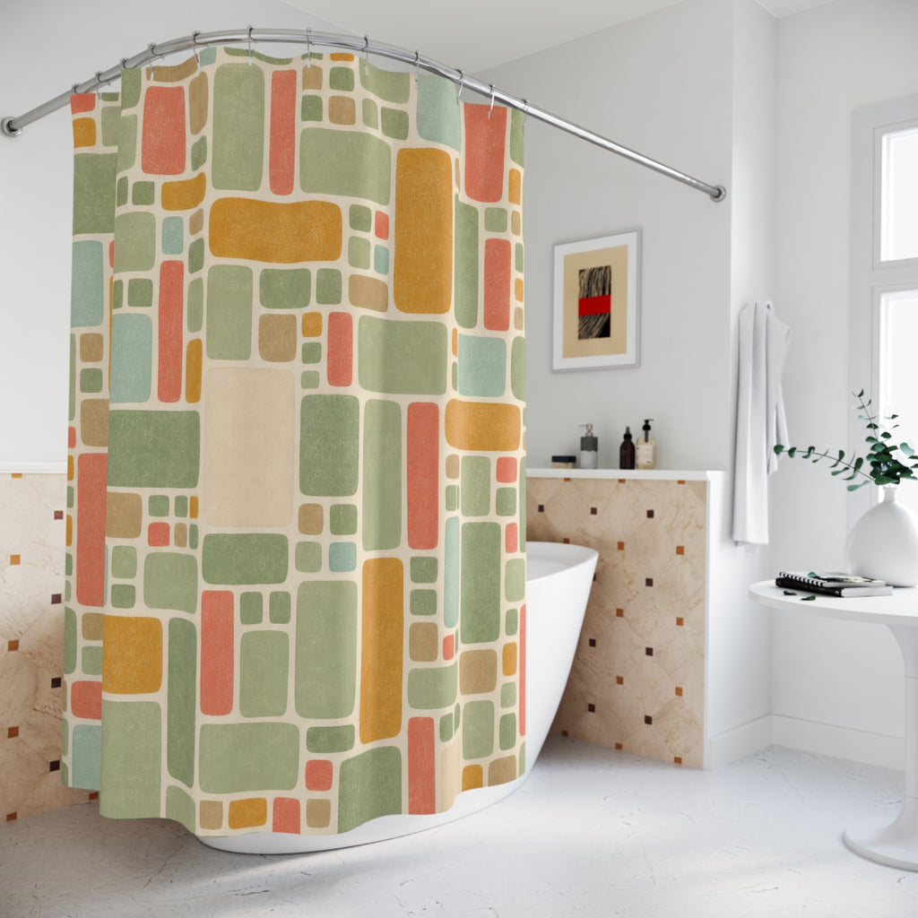 Retro Shower Curtain, Sage Coral Mosaic Tile Pattern, Mid Century Geometric Bathroom Decor, Guest Bath Wall Gift Idea For Home Style