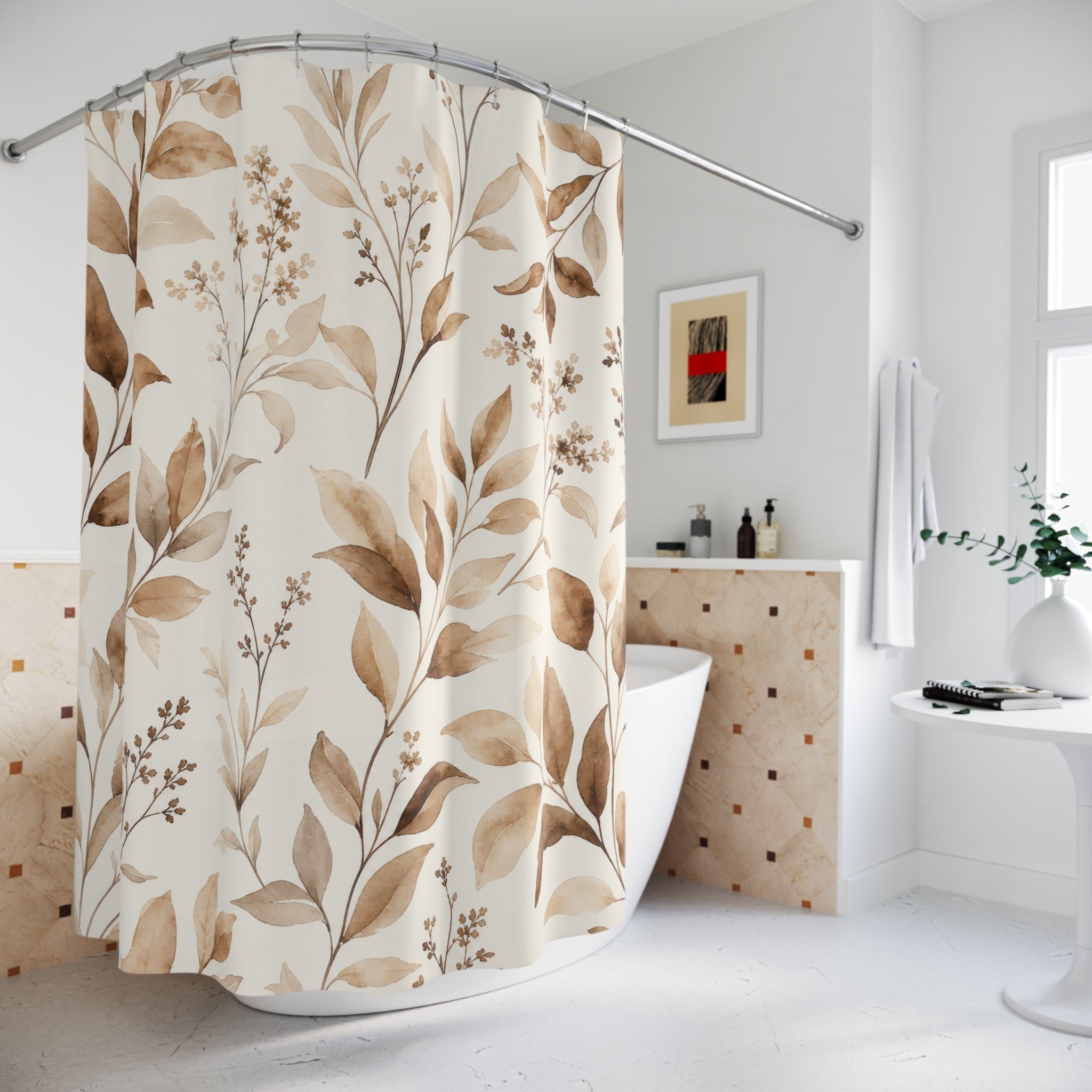 Tan Watercolor Botanical Branch Shower Curtain