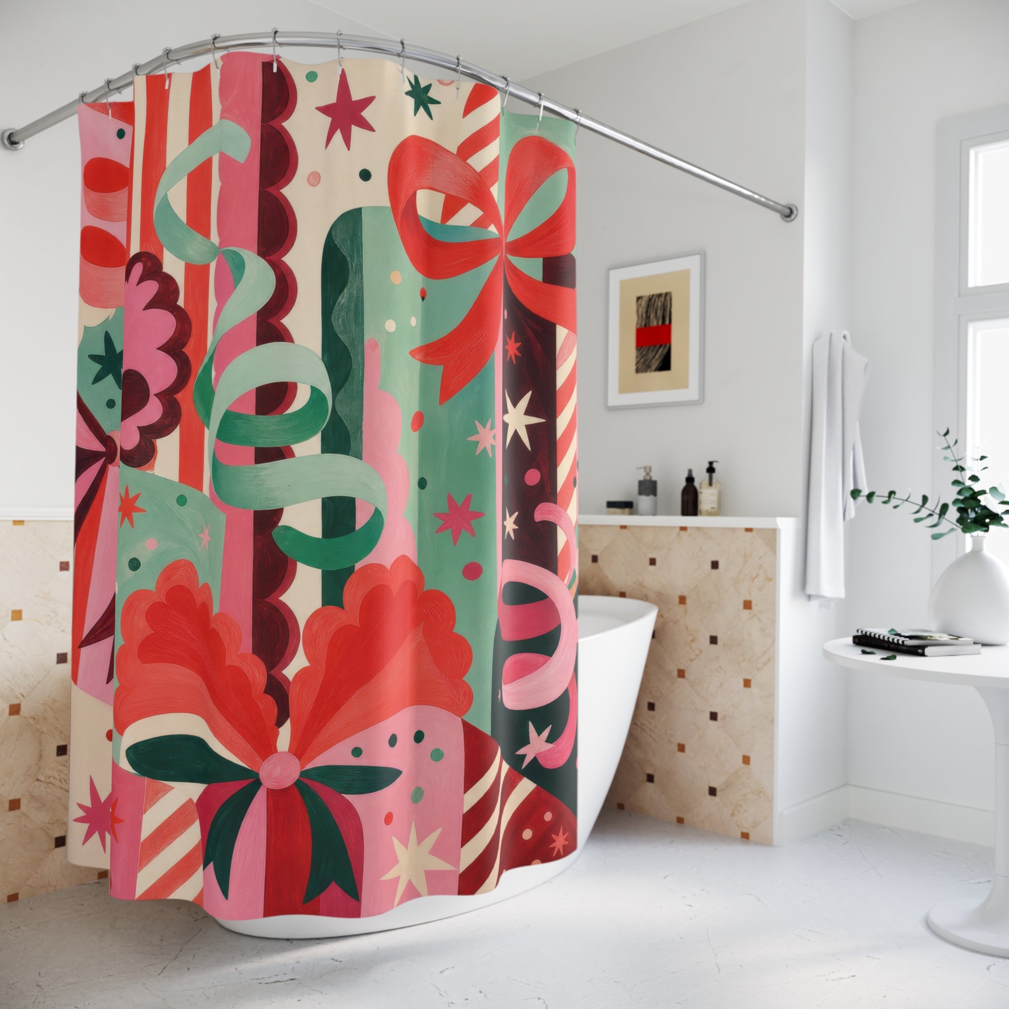 Pink Christmas Gift Ribbon Shower Curtain