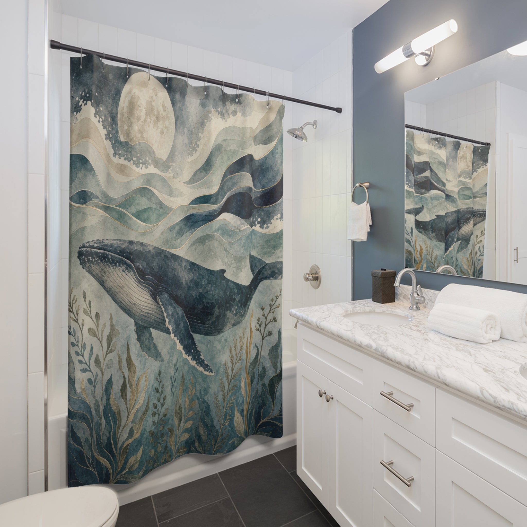 Whale Shower Curtain, Blue Watercolor Ocean Scene, Coastal Bathroom Decor, Nautical Guest Bath Sea Life Moonlit Style Art