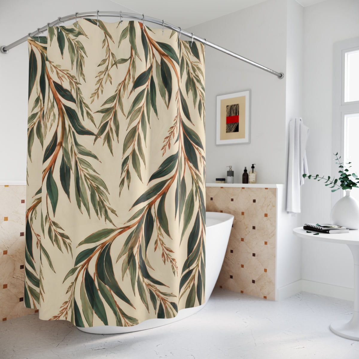Copper and green weeping willow boughs shower curtain beside a freestanding tub