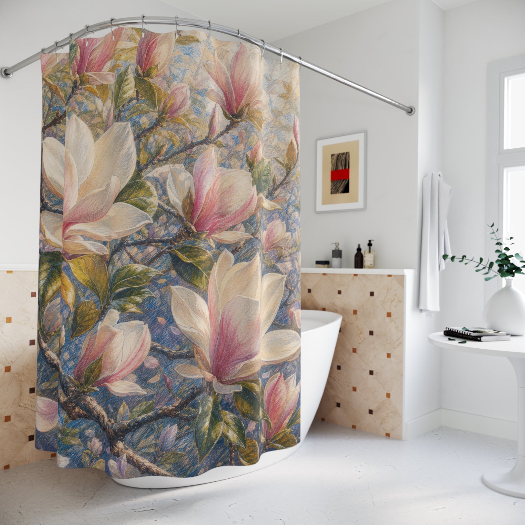 Pastel Pencil Magnolia Branches Shower Curtain