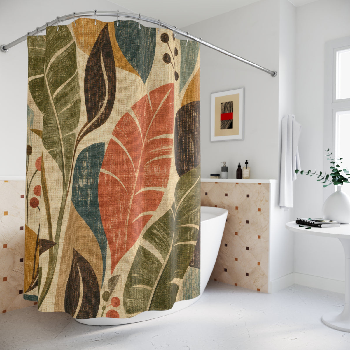 Vintage Barkcloth Foliage leaf pattern shower curtain beside a freestanding tub