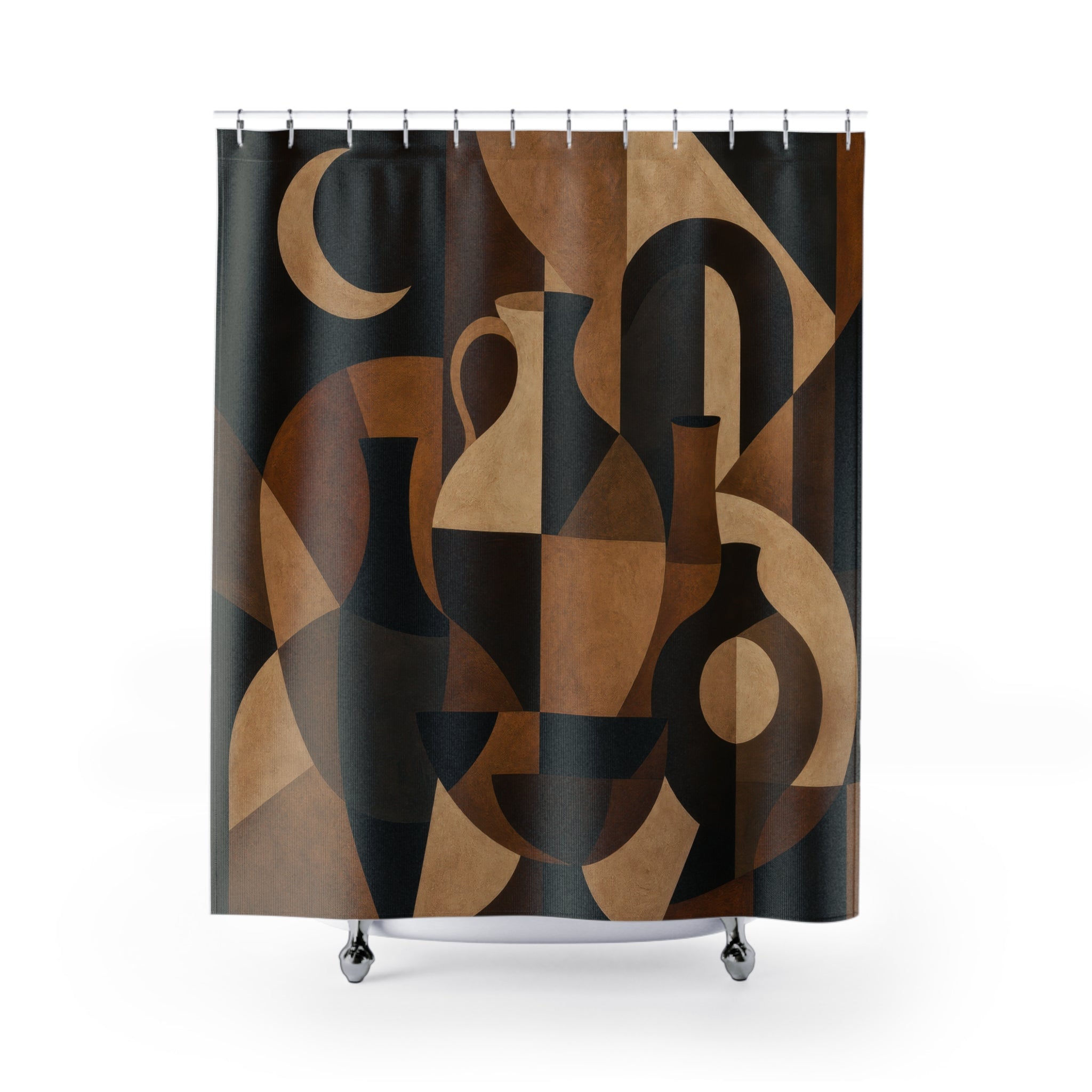 Bauhaus Shower Curtain, Black Brown Geometric Bath Decor, Mid Century Shape Collage, Retro Warm Neutral Guest Bathroom Decor Style