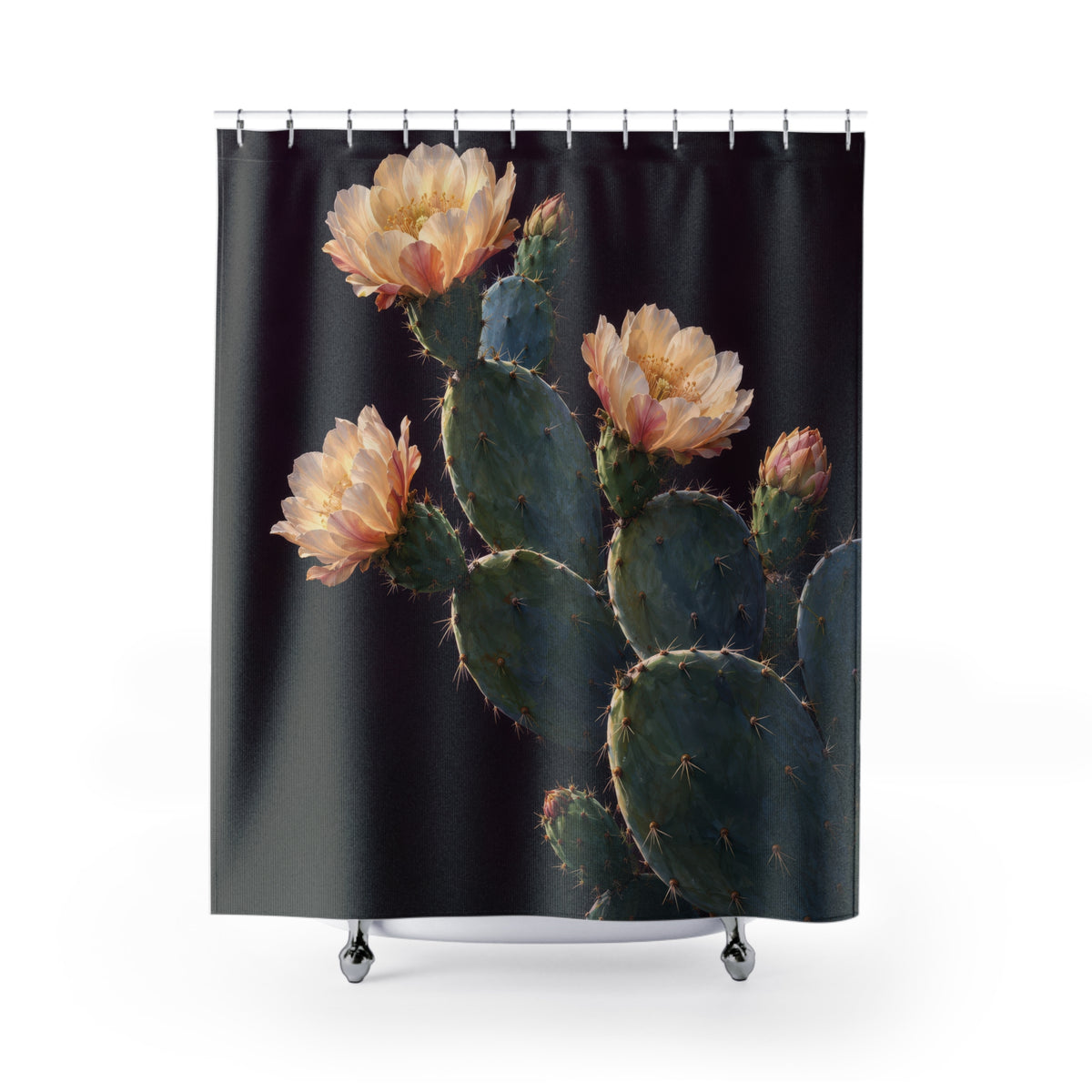 Flowering blue-green prickly pear cactus on plum shower curtain with full front view