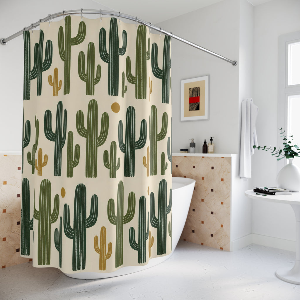 Green saguaro cactus pattern on cream shower curtain beside a freestanding tub