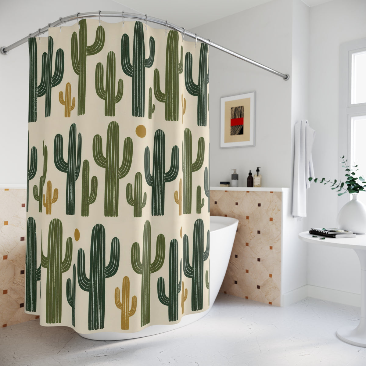 Green saguaro cactus pattern on cream shower curtain beside a freestanding tub