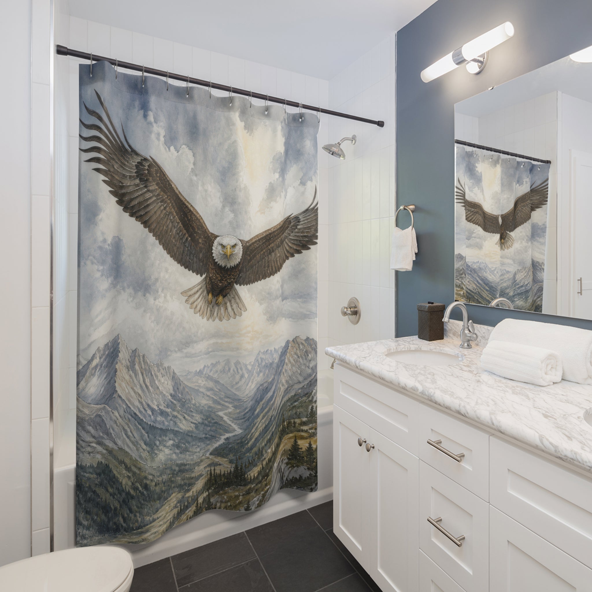 Bald eagle approaching over an alpine valley shower curtain beside a white vanity