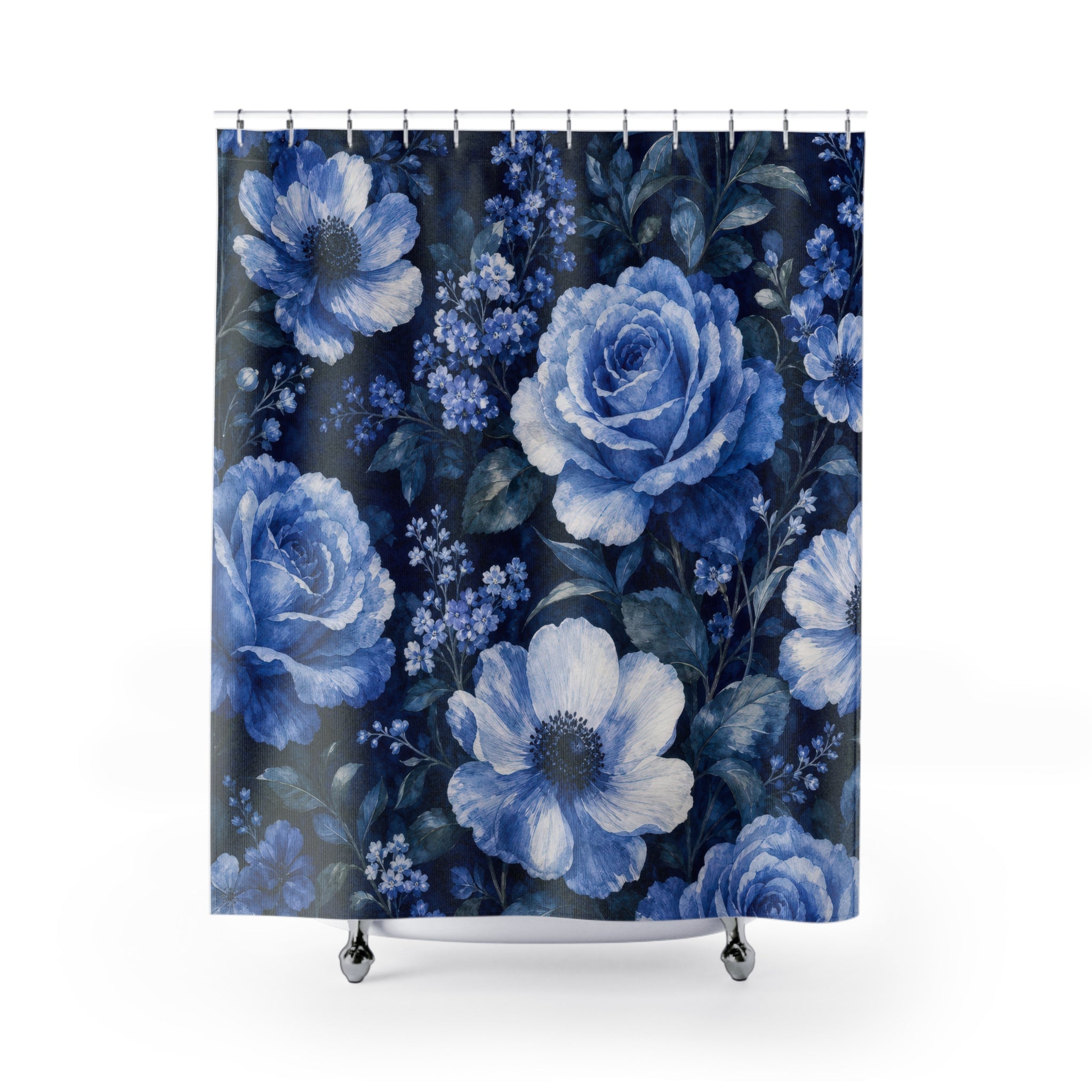 Navy Floral Shower Curtain, Navy Blue Botanical Bathroom Decor, Dark Floral Bath Curtain, Guest Bath Decor, Small Bathroom Decor, Home Decor