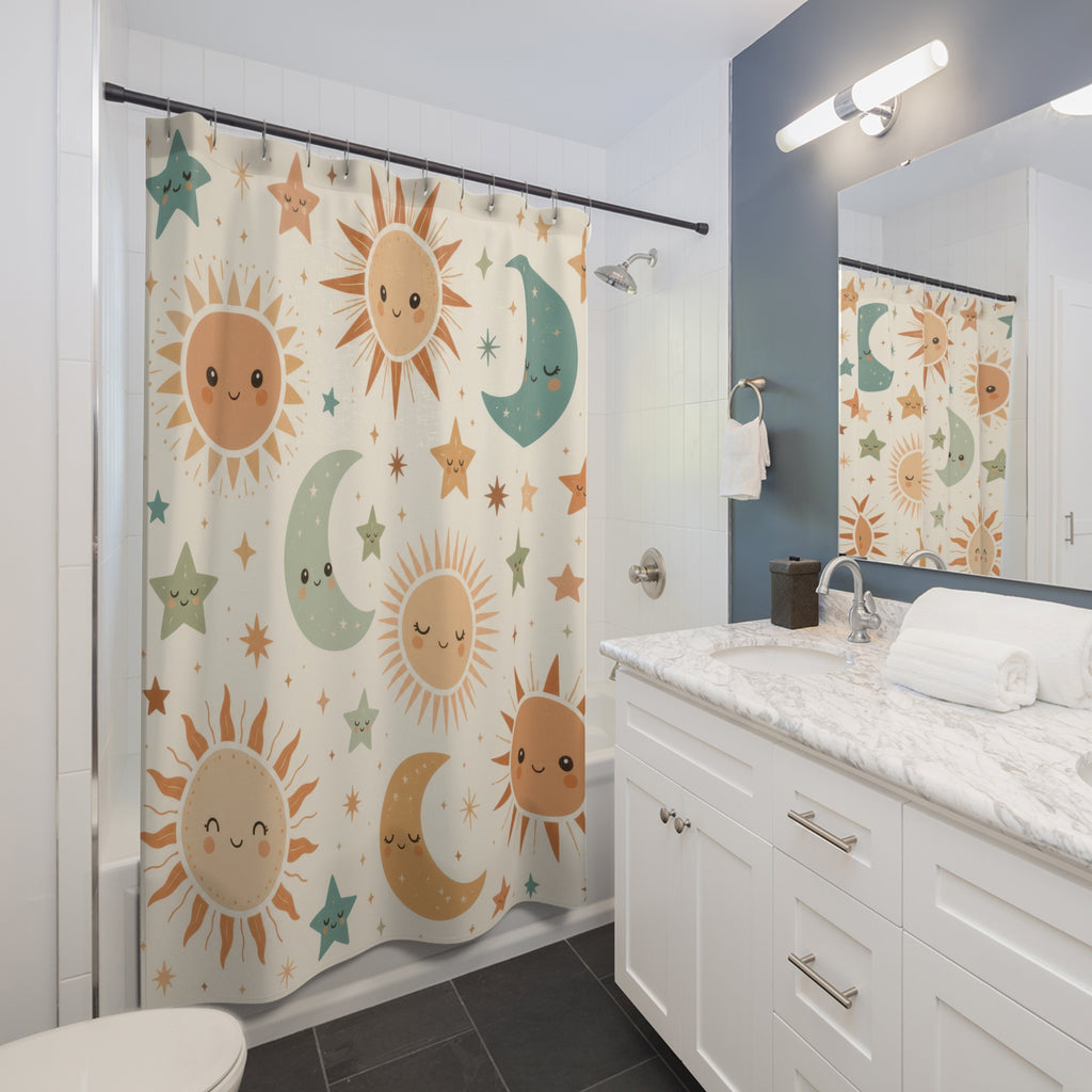 Smiling terracotta suns sage moons and stars on cream shower curtain installed beside a white vanity