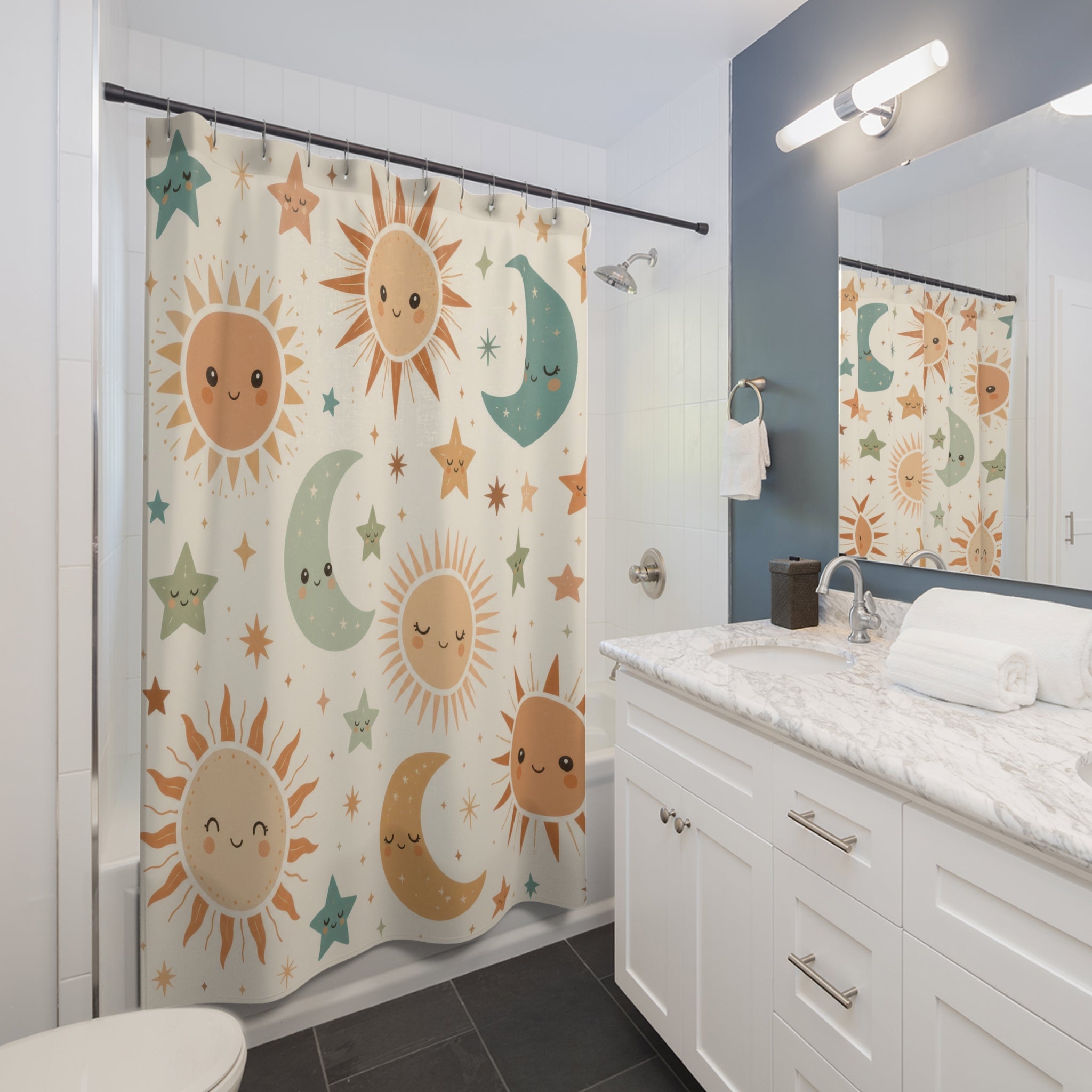 Smiling terracotta suns sage moons and stars on cream shower curtain installed beside a white vanity