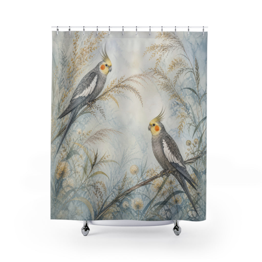 Two grey cockatiels in misty blue and gold meadow grasses shower curtain, full front view