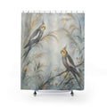 Two grey cockatiels in misty blue and gold meadow grasses shower curtain, full front view