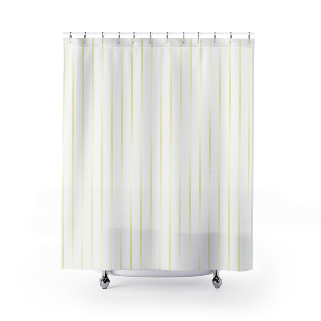 White Pinstripe Shower Curtain, Pale Yellow Striped Curtain, Modern Minimalist Bathroom Decor, Dense Vertical Stripe Bath Curtain