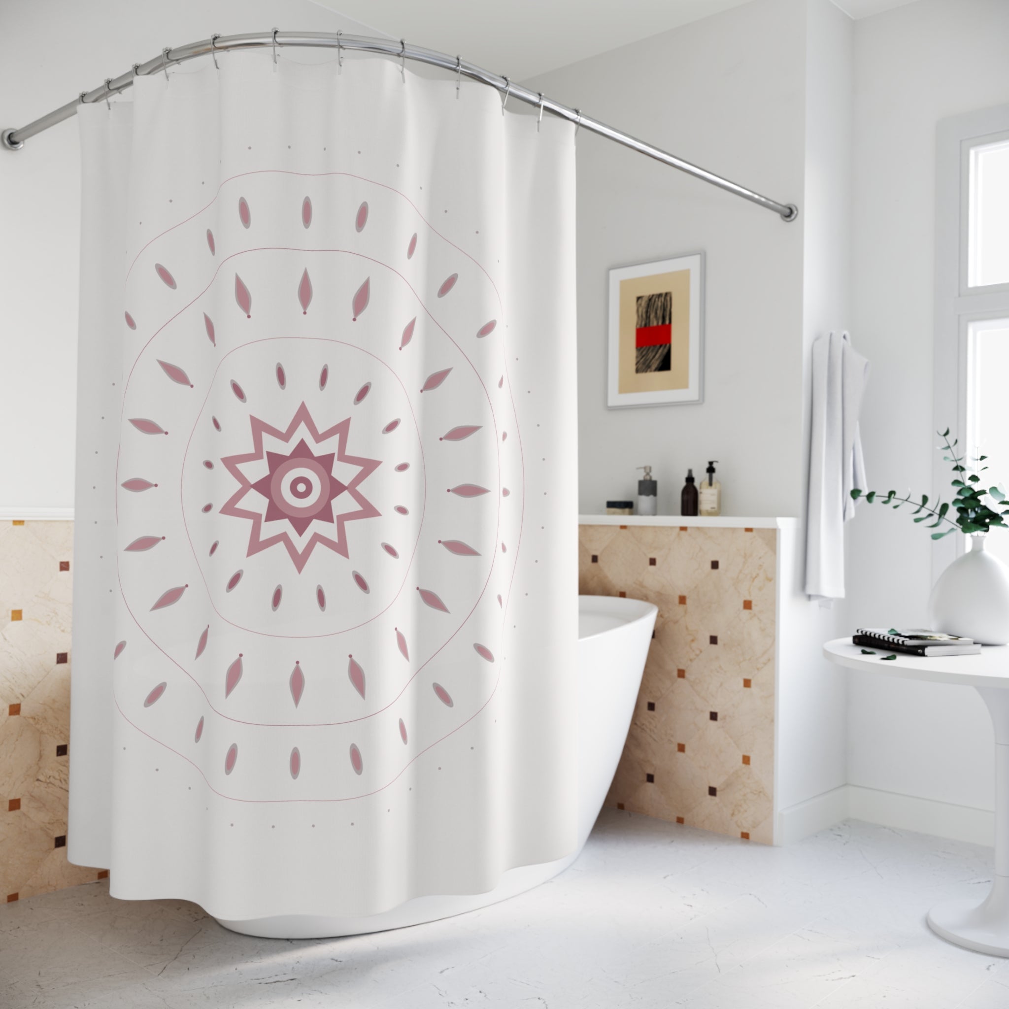 Rose Pink Mandala Shower Curtain – Blush & Grey