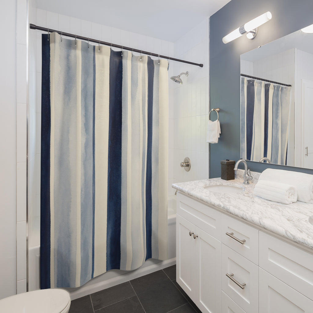 Pale Navy Cream Watercolor Stripe Shower Curtain