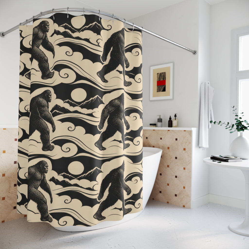 Black Bigfoot figures in cream cloud bands with mountains shower curtain beside a freestanding tub