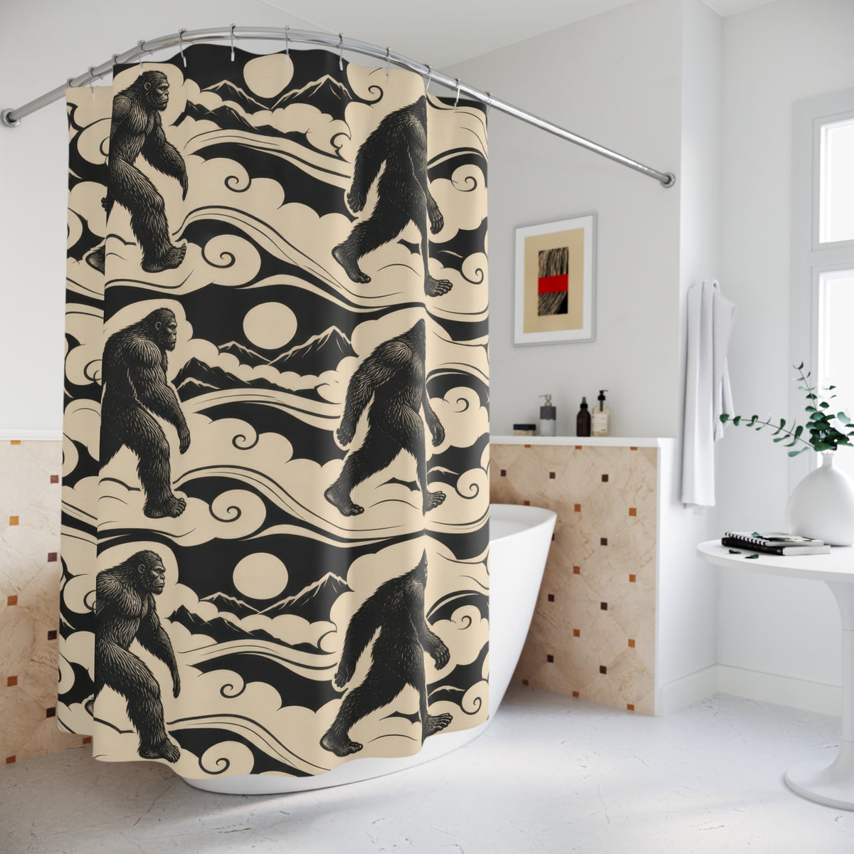Black Bigfoot figures in cream cloud bands with mountains shower curtain beside a freestanding tub