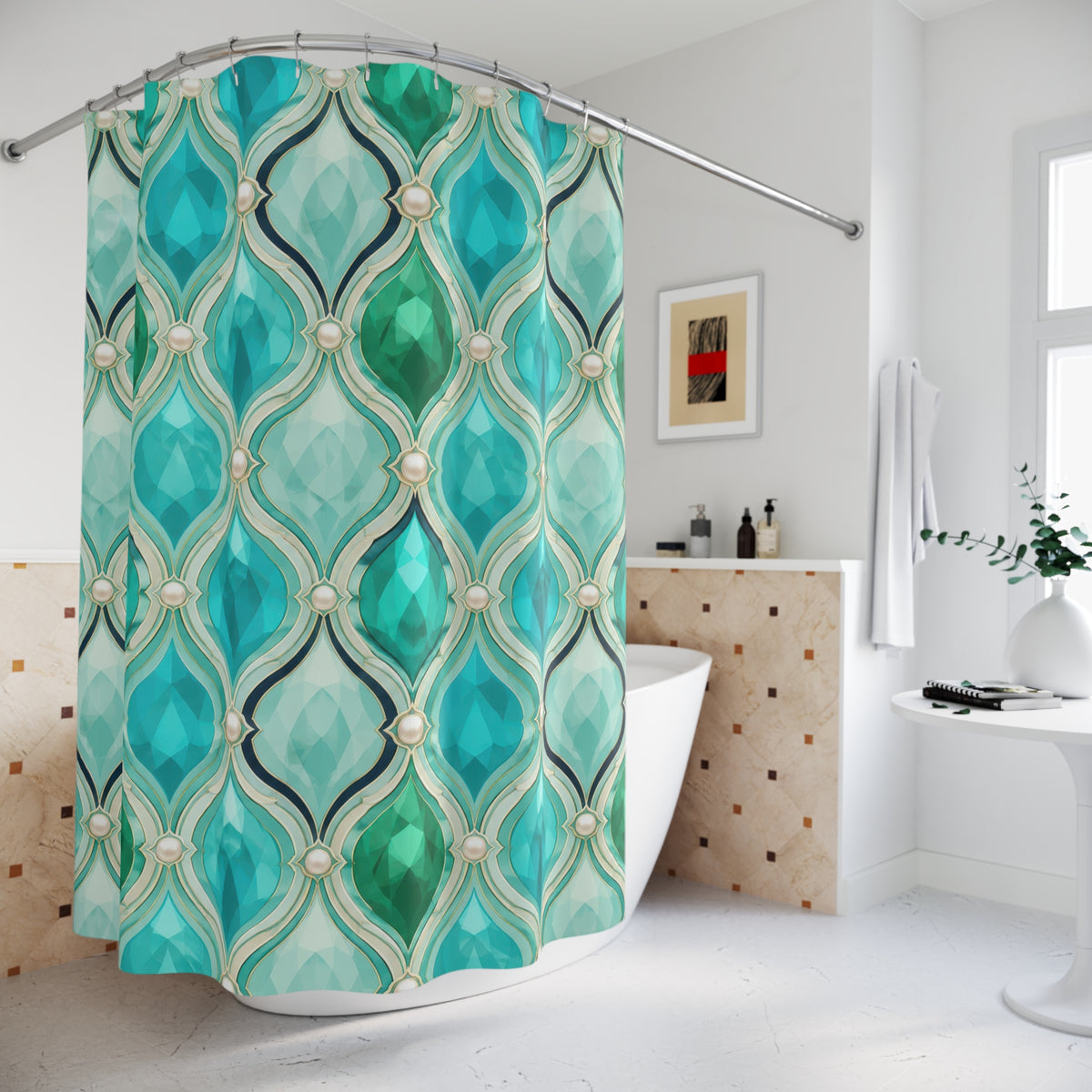 Turquoise faceted droplet and ivory pearl ogee lattice shower curtain beside a freestanding tub