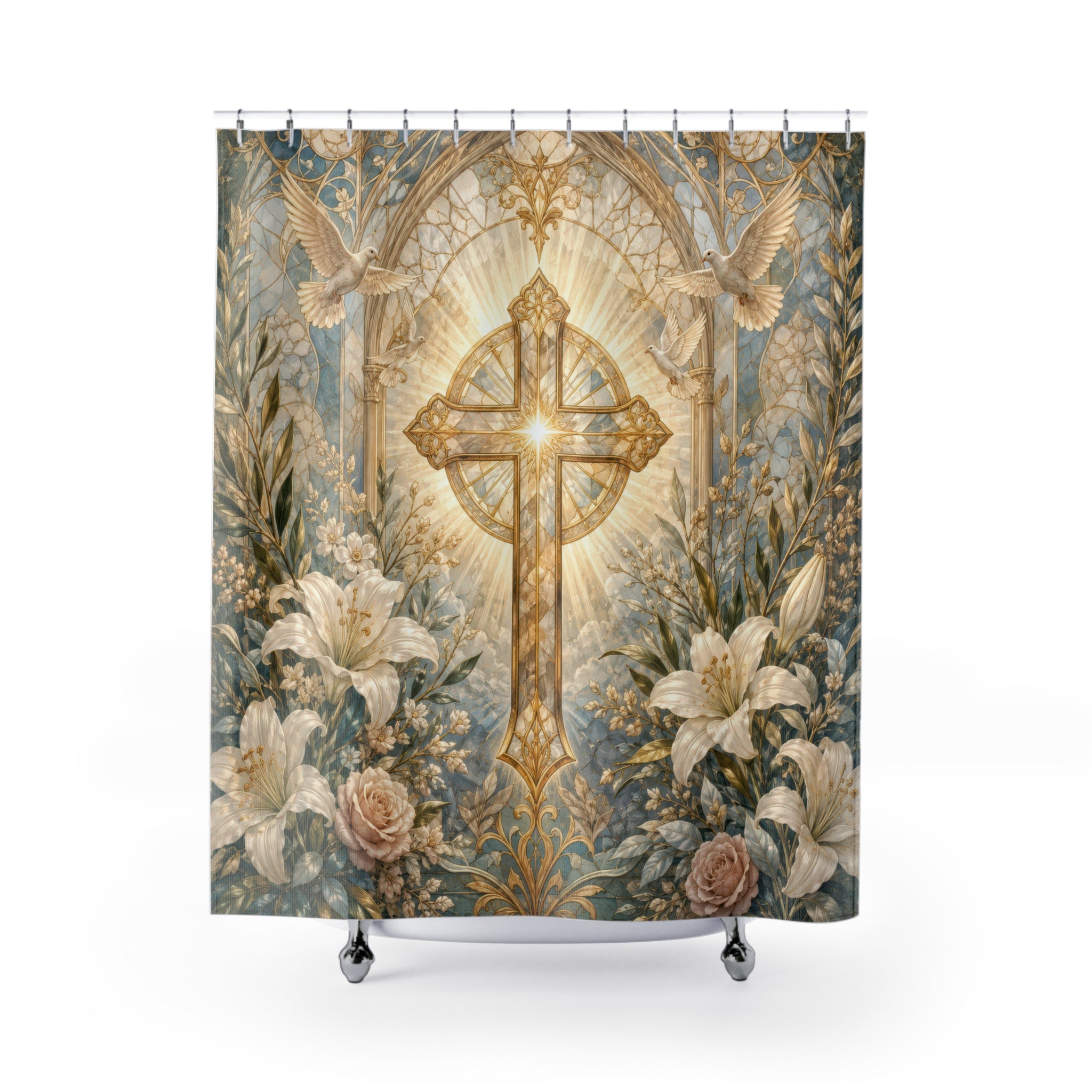 Christian Shower Curtain: White Gold Cross