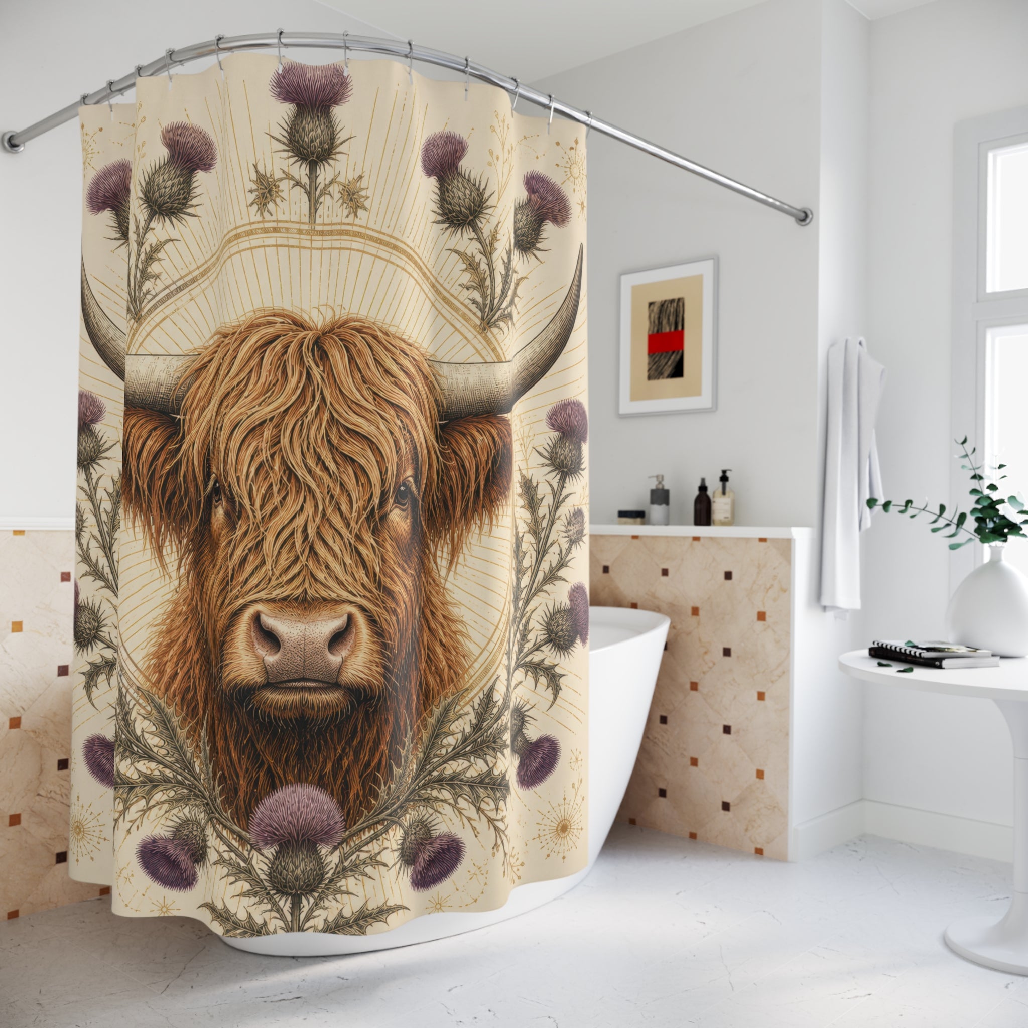 Golden Thistle Highland Cow Shower Curtain