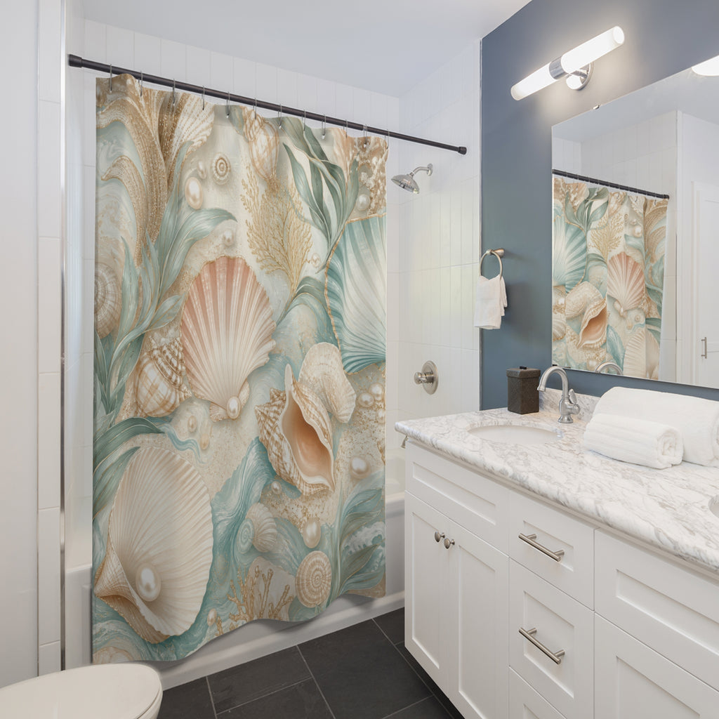 Shell Shower Curtain: Aqua Seashell Coastal