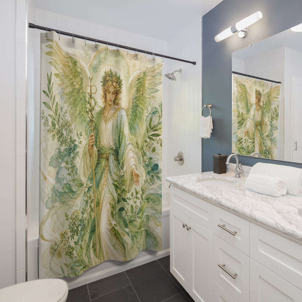 Archangel Raphael Shower Curtain, Healing Angel Botanical Art, Green White Spiritual Decor, Peaceful Garden Bathroom Accent, Garden Bath Art