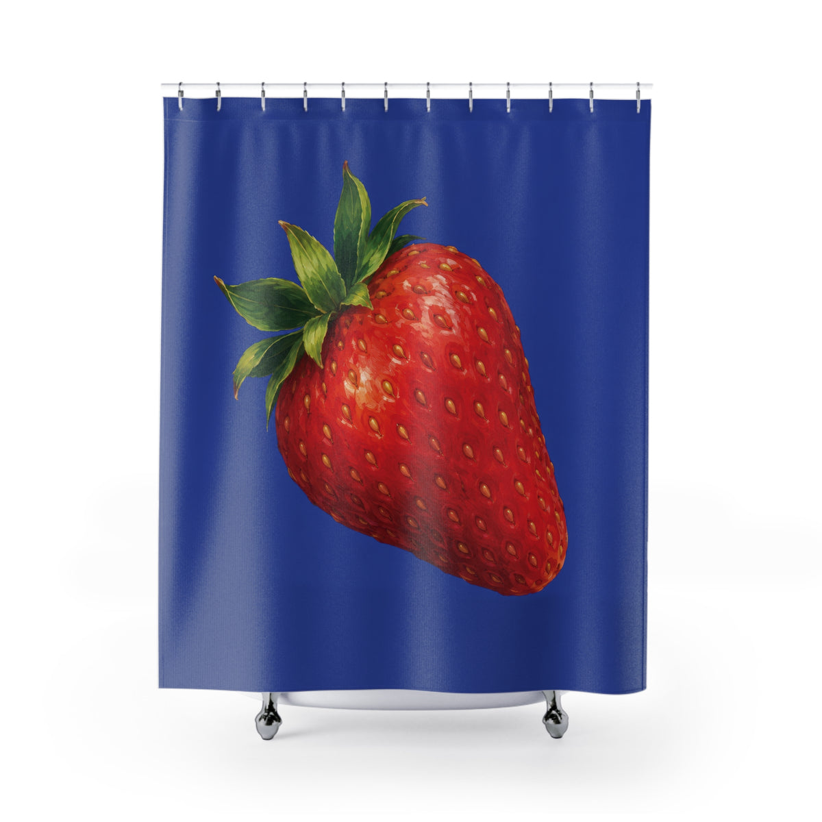 Single red strawberry with green crown on cobalt blue shower curtain with full front view