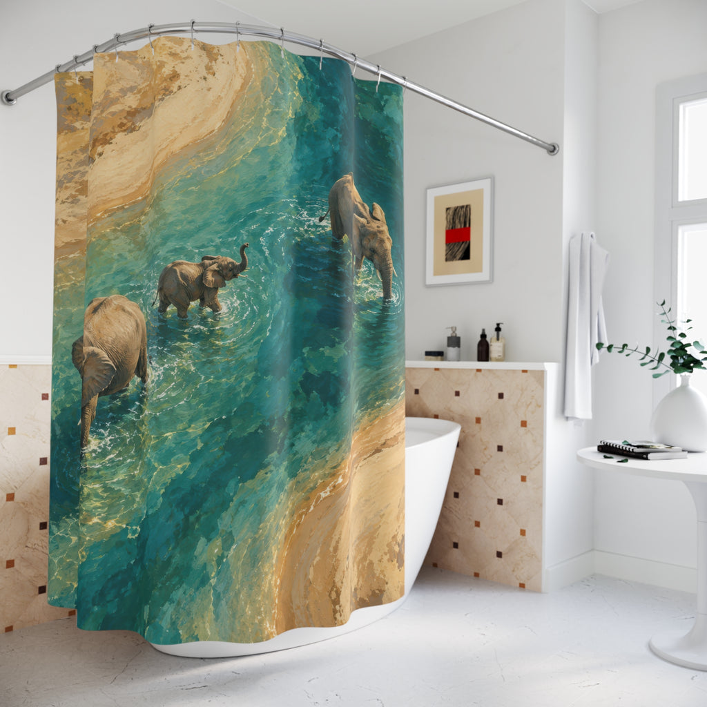 Elephant family in turquoise water shower curtain beside a freestanding tub