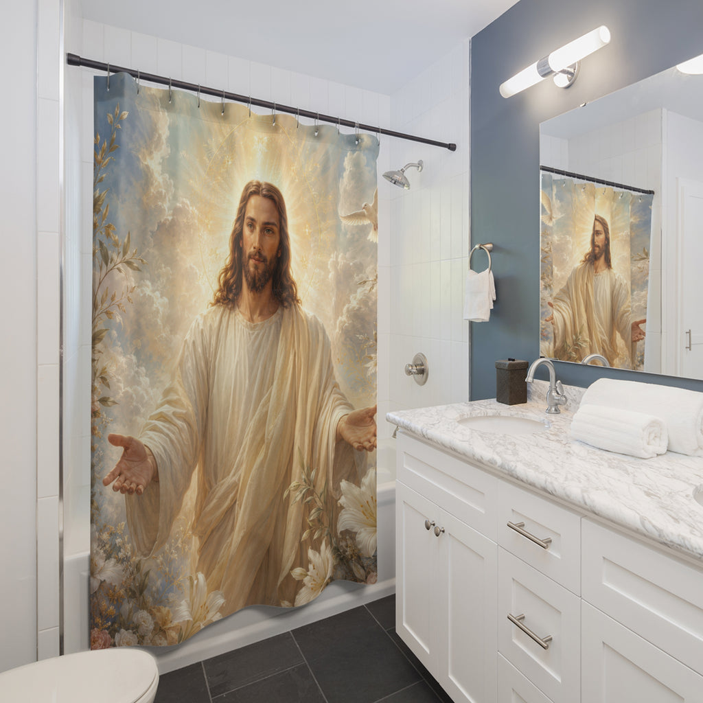 Jesus Shower Curtain: White Gold Sacred