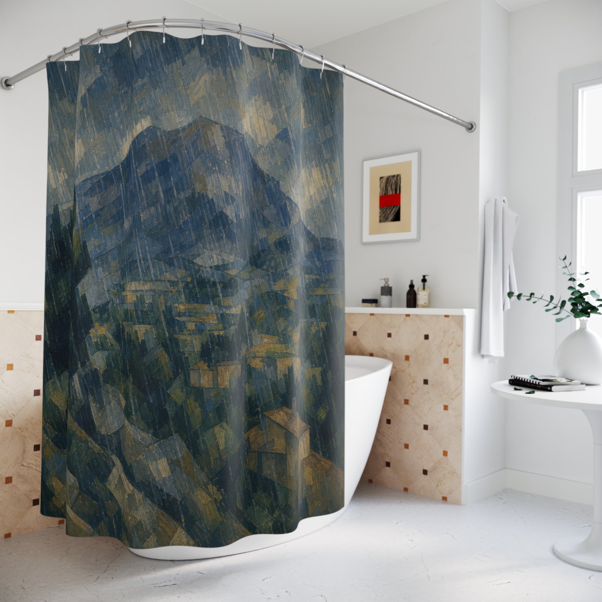 Faceted Mountain Valley Print Shower Curtain